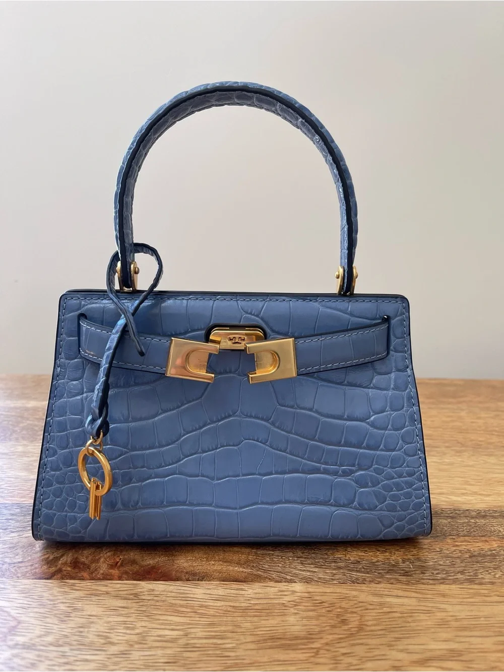 Rare Tory Burch Powder Blue Croc-Embossed Top Handle Bag with Gold Hardware